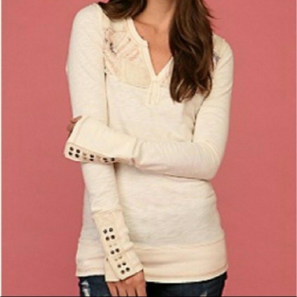 Free People Cream Long Sleeve Patchwork & Button Cuff V-Neck Top